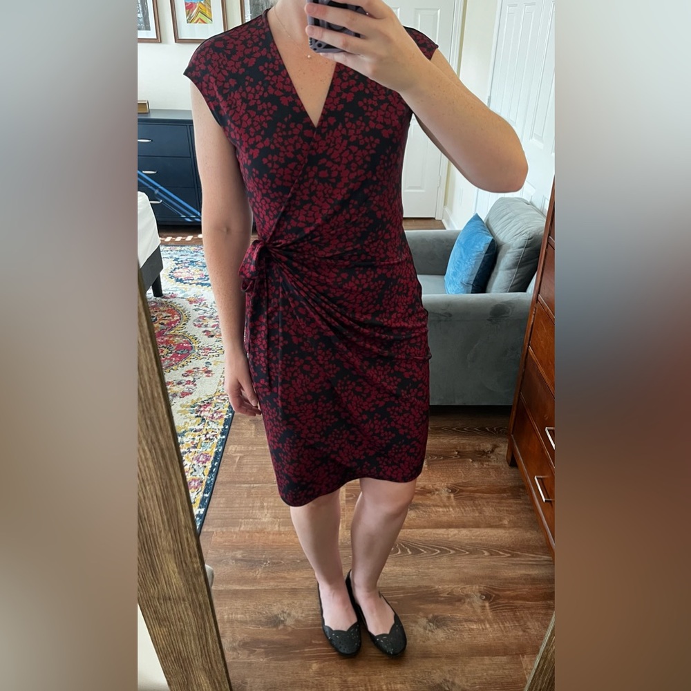 Lark & Ro Red and Dark Blue Wrap Business Casual Dress